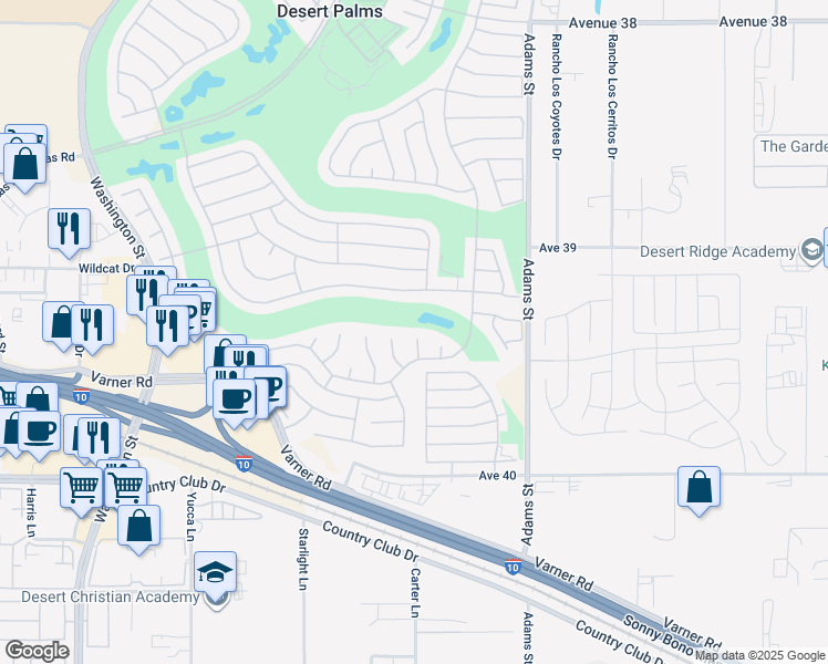 map of restaurants, bars, coffee shops, grocery stores, and more near 39289 Gingham Court in Palm Desert