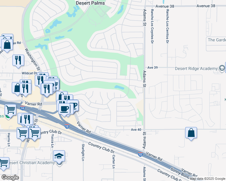map of restaurants, bars, coffee shops, grocery stores, and more near 39289 Gingham Court in Palm Desert