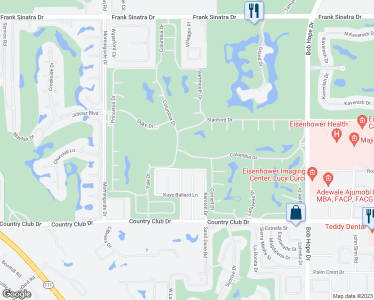 map of restaurants, bars, coffee shops, grocery stores, and more near 78 Columbia Drive in Rancho Mirage