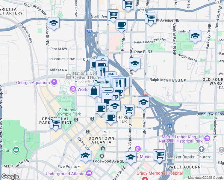 map of restaurants, bars, coffee shops, grocery stores, and more near 303 Peachtree Street Northeast in Atlanta