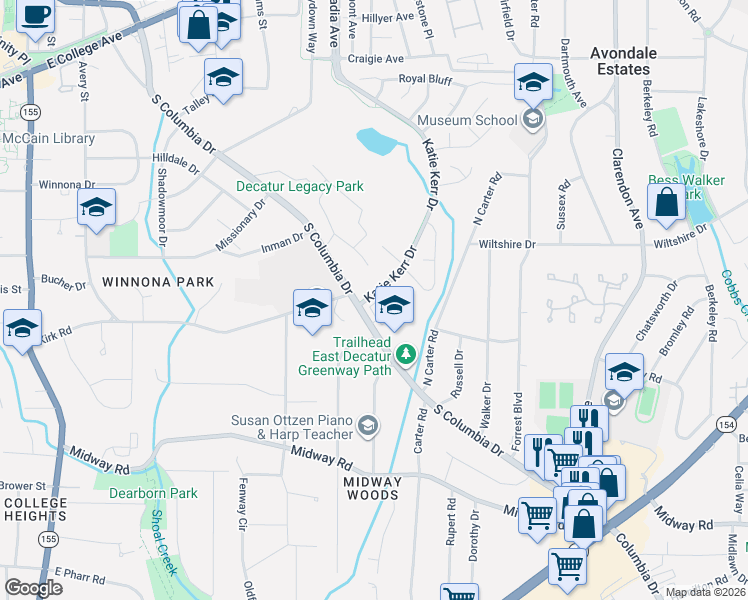 map of restaurants, bars, coffee shops, grocery stores, and more near 1007 Katie Kerr Drive in Decatur