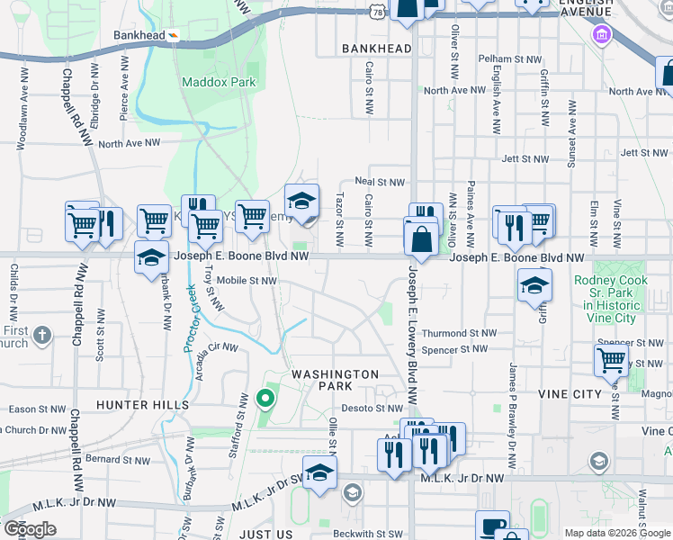 map of restaurants, bars, coffee shops, grocery stores, and more near in Atlanta