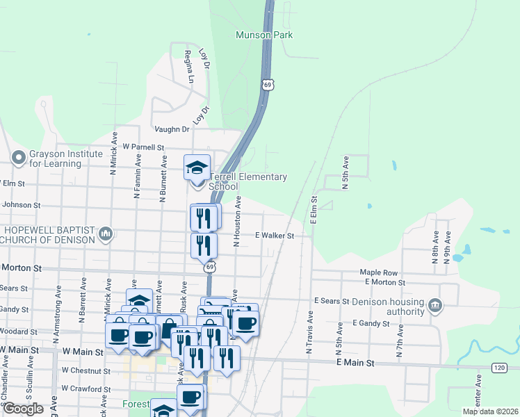 map of restaurants, bars, coffee shops, grocery stores, and more near 814 North Houston Avenue in Denison