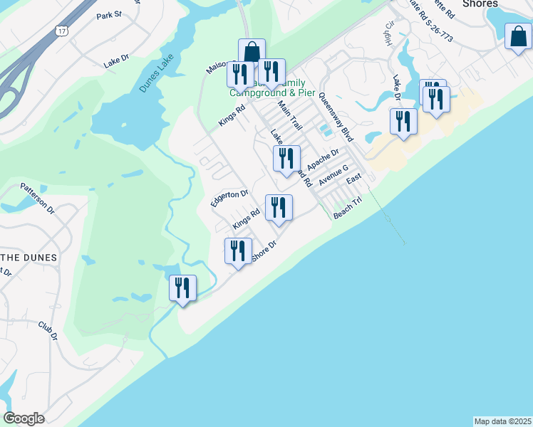 map of restaurants, bars, coffee shops, grocery stores, and more near 202 Maison Drive in Myrtle Beach