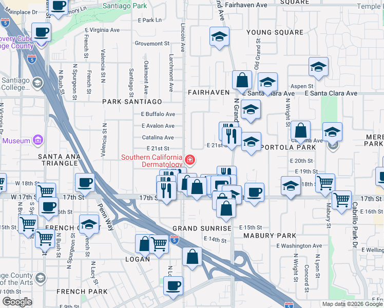 map of restaurants, bars, coffee shops, grocery stores, and more near 1110 East 21st Street in Santa Ana