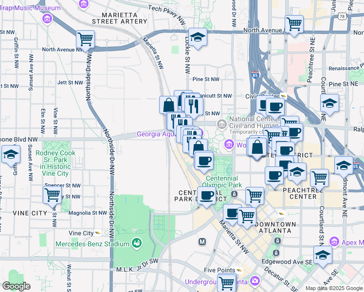 map of restaurants, bars, coffee shops, grocery stores, and more near in Atlanta