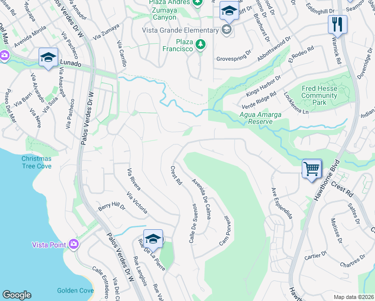 map of restaurants, bars, coffee shops, grocery stores, and more near 7088 Crest Road in Rancho Palos Verdes