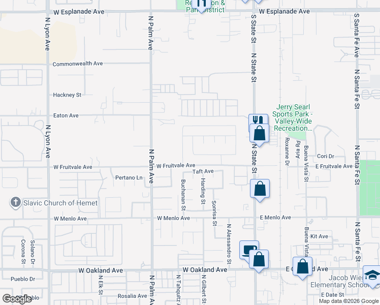 map of restaurants, bars, coffee shops, grocery stores, and more near 931 Donner Street in Hemet
