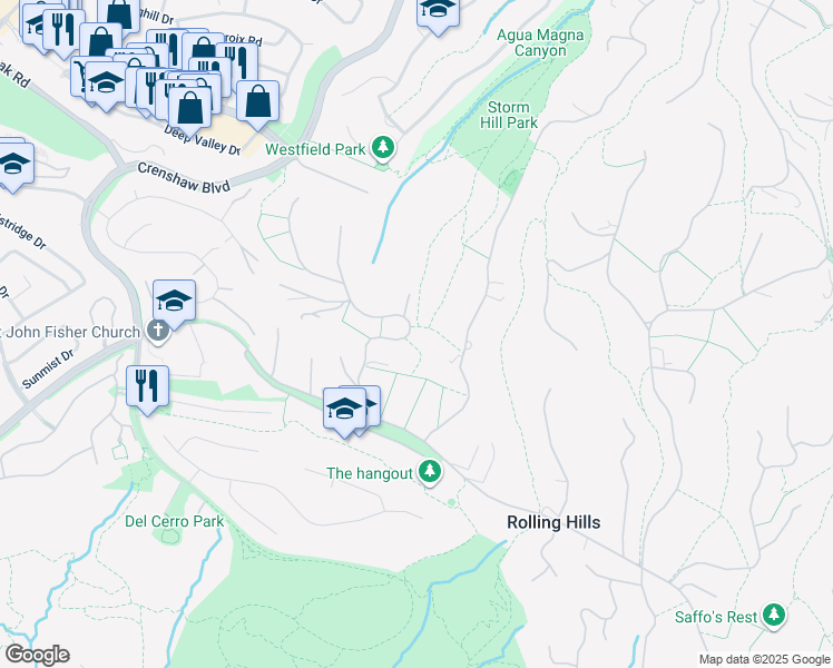 map of restaurants, bars, coffee shops, grocery stores, and more near 7 Johns Canyon Road in Rolling Hills
