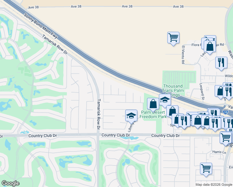 map of restaurants, bars, coffee shops, grocery stores, and more near 117 Rosetta Court in Palm Desert