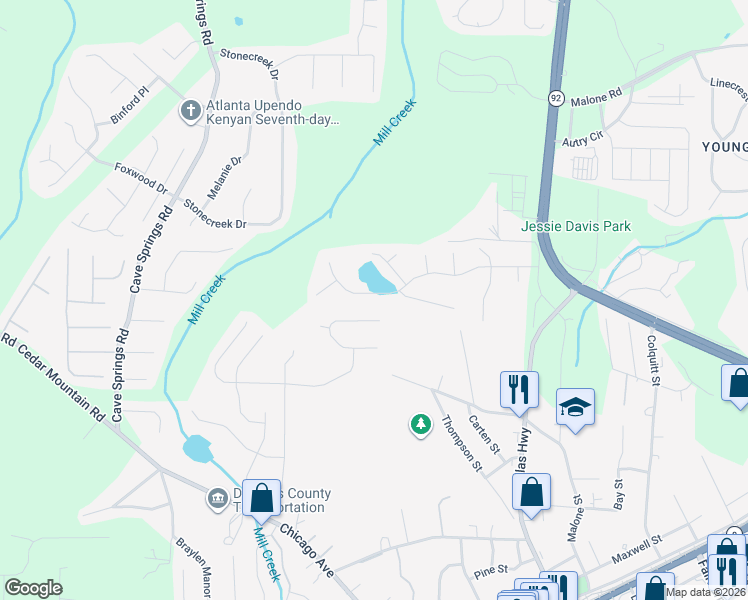 map of restaurants, bars, coffee shops, grocery stores, and more near 6846 John Clark Drive in Douglasville