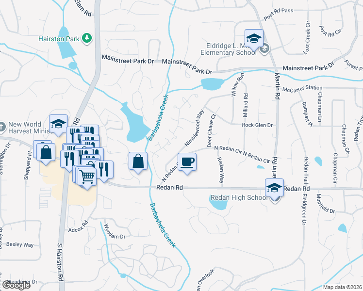 map of restaurants, bars, coffee shops, grocery stores, and more near 1064 Nimblewood Way in Stone Mountain