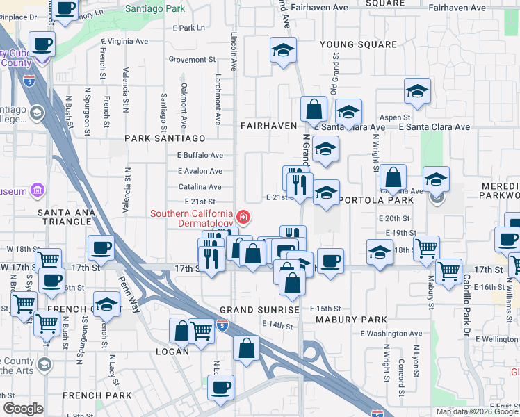 map of restaurants, bars, coffee shops, grocery stores, and more near 1130 East 21st Street in Santa Ana