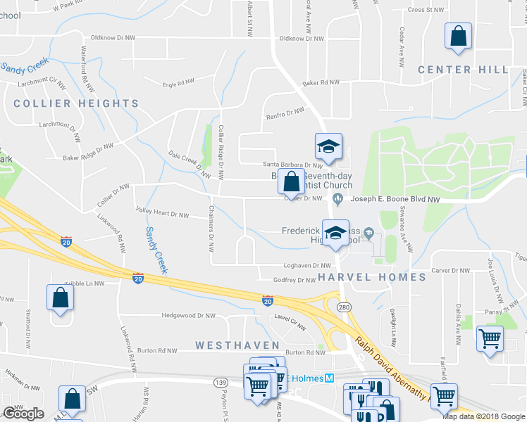 map of restaurants, bars, coffee shops, grocery stores, and more near 2636 Collier Drive Northwest in Atlanta