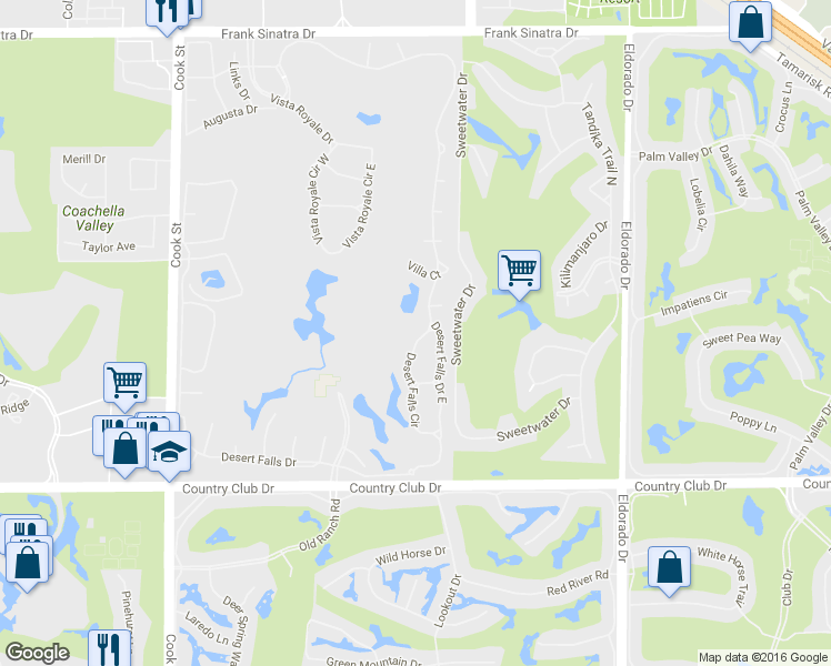 map of restaurants, bars, coffee shops, grocery stores, and more near 209 Desert Falls Circle in Palm Desert
