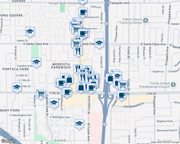 map of restaurants, bars, coffee shops, grocery stores, and more near 2002 North Ponderosa Street in Santa Ana