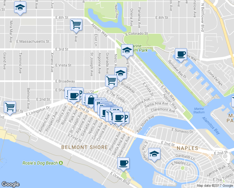 map of restaurants, bars, coffee shops, grocery stores, and more near 269 Corona Avenue in Long Beach