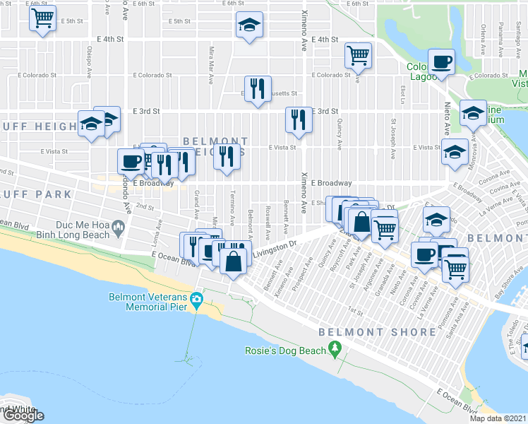 map of restaurants, bars, coffee shops, grocery stores, and more near 4107 East Shaw Street in Long Beach