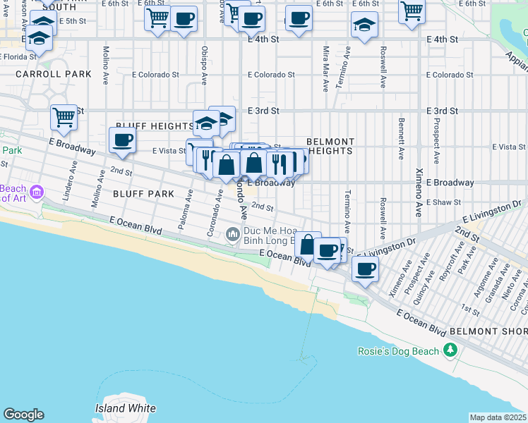 map of restaurants, bars, coffee shops, grocery stores, and more near 203 Loma Avenue in Long Beach