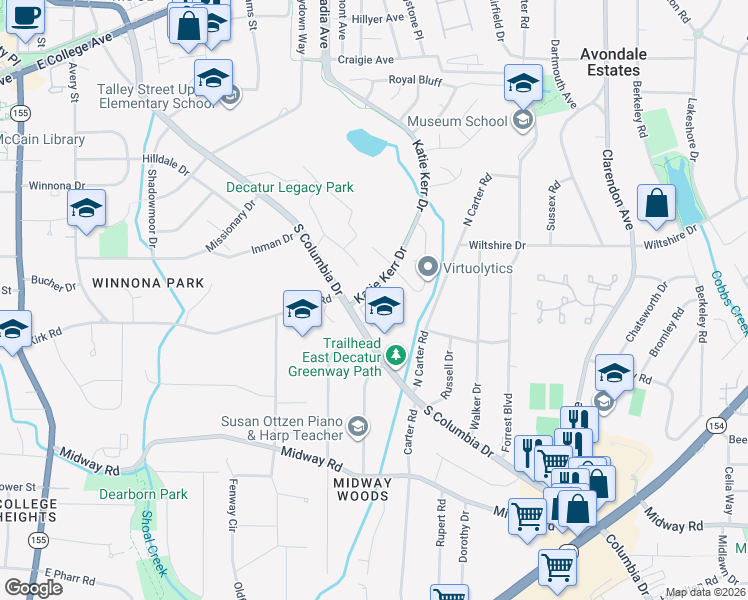 map of restaurants, bars, coffee shops, grocery stores, and more near 1007 Katie Kerr Drive in Decatur