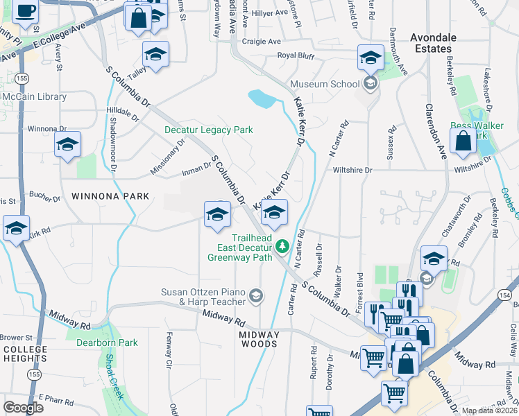 map of restaurants, bars, coffee shops, grocery stores, and more near 1007 Katie Kerr Drive in Decatur