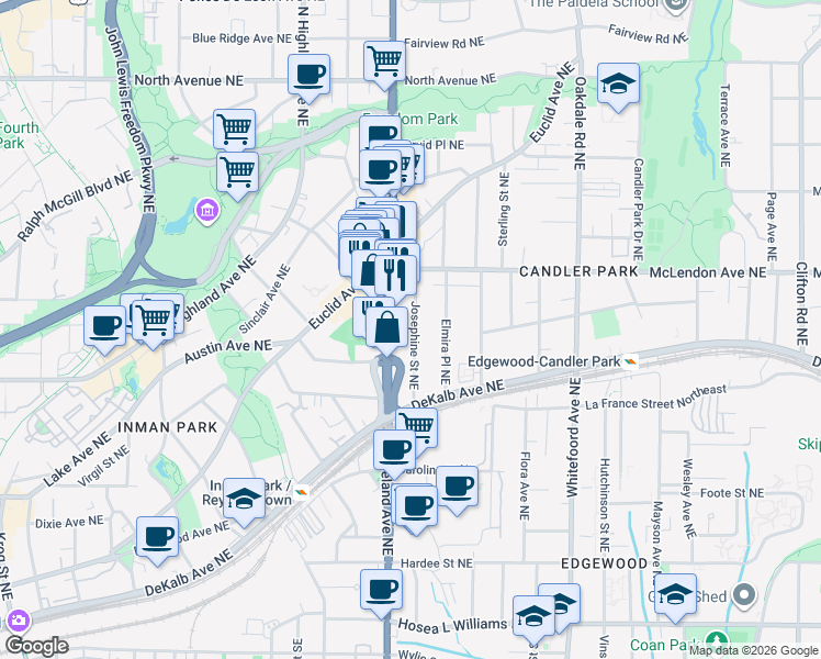 map of restaurants, bars, coffee shops, grocery stores, and more near 335 Josephine Street Northeast in Atlanta