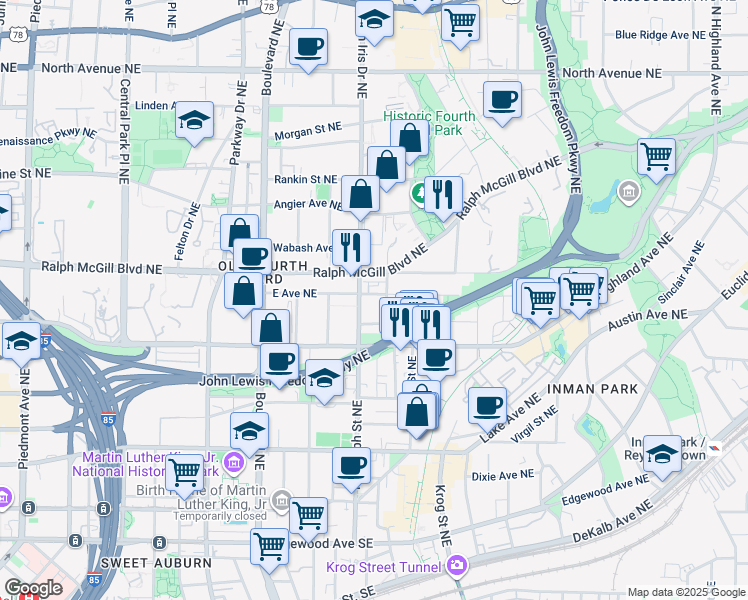 map of restaurants, bars, coffee shops, grocery stores, and more near 345 Glen Iris Drive Northeast in Atlanta