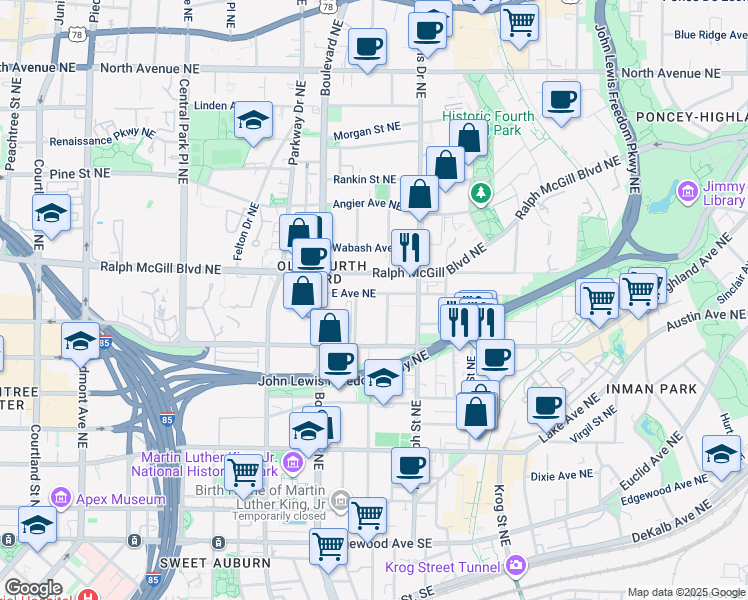map of restaurants, bars, coffee shops, grocery stores, and more near 554 East Avenue Northeast in Atlanta