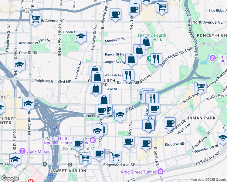 map of restaurants, bars, coffee shops, grocery stores, and more near in Atlanta