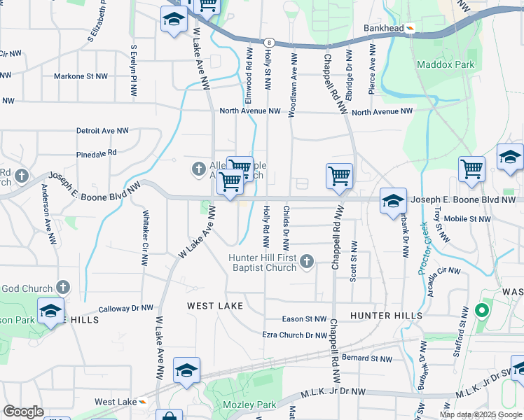 map of restaurants, bars, coffee shops, grocery stores, and more near 294 Holly Road Northwest in Atlanta