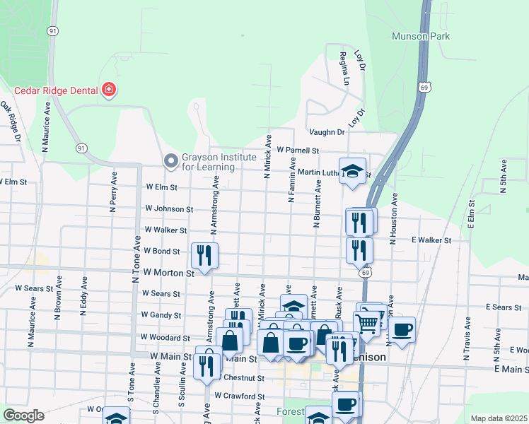 map of restaurants, bars, coffee shops, grocery stores, and more near 811 North Mirick Avenue in Denison