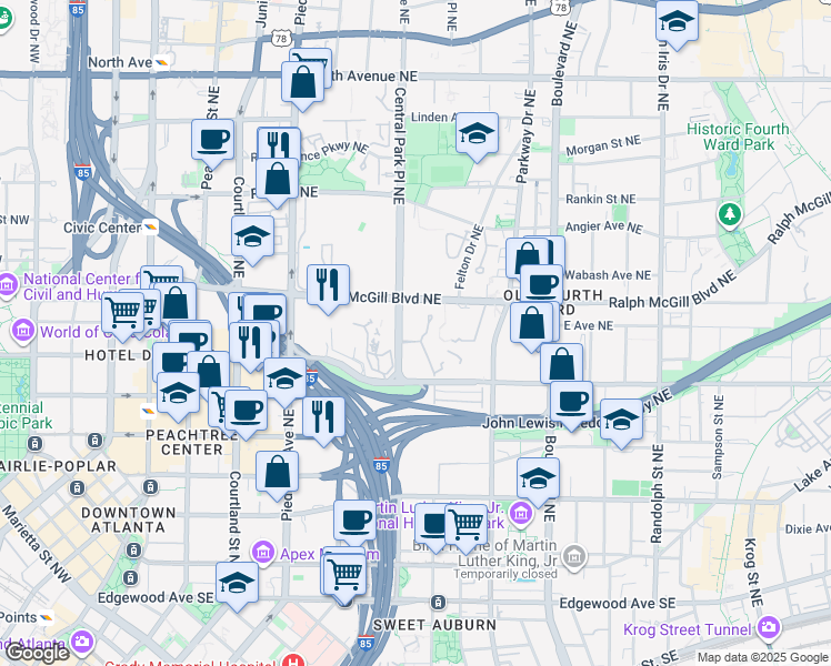 map of restaurants, bars, coffee shops, grocery stores, and more near 119 McGill Park Avenue Northeast in Atlanta
