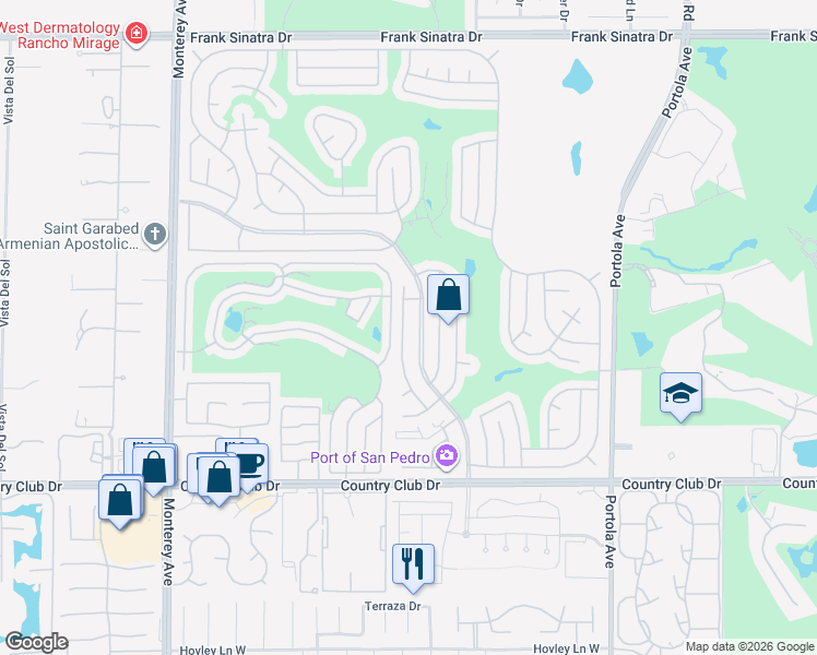 map of restaurants, bars, coffee shops, grocery stores, and more near 39304 Ciega Creek Drive in Palm Desert