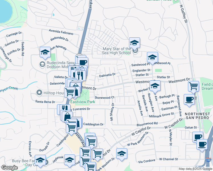 map of restaurants, bars, coffee shops, grocery stores, and more near 1609 Westmont Drive in Los Angeles