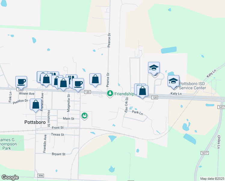 map of restaurants, bars, coffee shops, grocery stores, and more near 103 Pearce Drive in Pottsboro