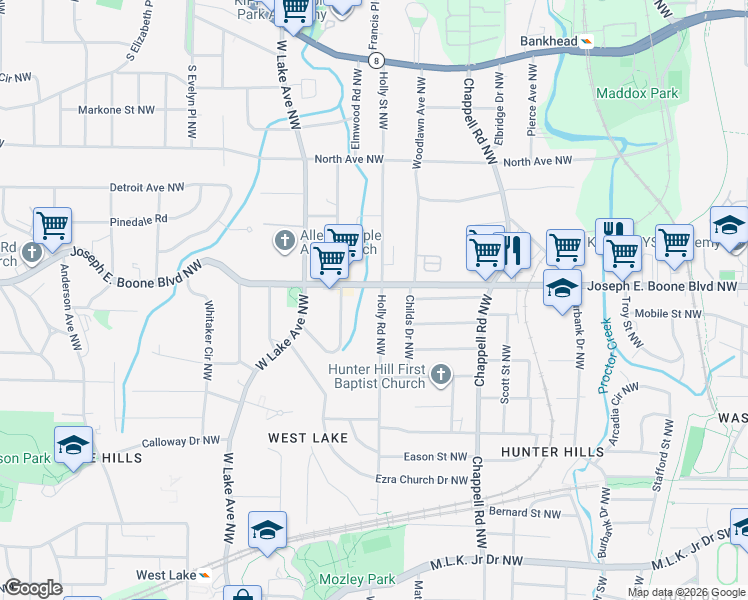 map of restaurants, bars, coffee shops, grocery stores, and more near 294 Holly Road Northwest in Atlanta