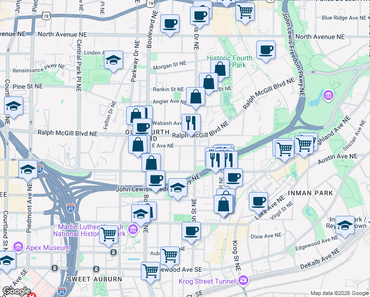 map of restaurants, bars, coffee shops, grocery stores, and more near 567 East Avenue Northeast in Atlanta