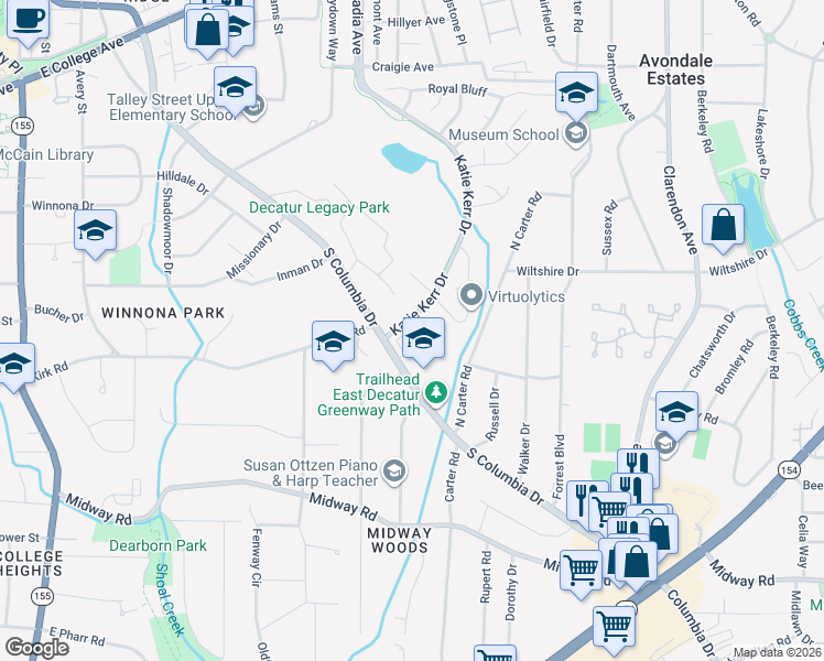 map of restaurants, bars, coffee shops, grocery stores, and more near 1007 Katie Kerr Drive in Decatur