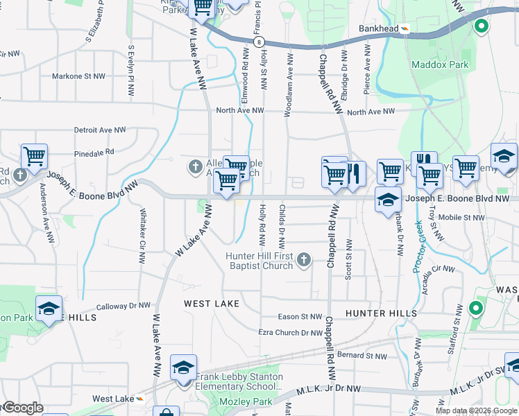 map of restaurants, bars, coffee shops, grocery stores, and more near 294 Holly Road Northwest in Atlanta