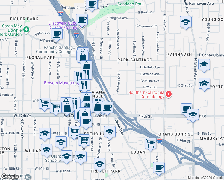 map of restaurants, bars, coffee shops, grocery stores, and more near 2015 French Street in Santa Ana