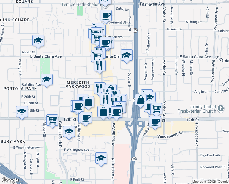 map of restaurants, bars, coffee shops, grocery stores, and more near 2002 North Ponderosa Street in Santa Ana
