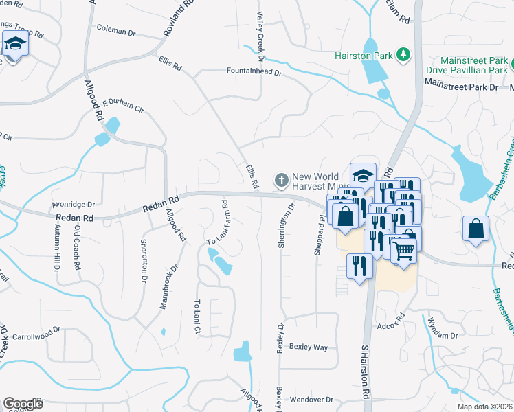 map of restaurants, bars, coffee shops, grocery stores, and more near 1063 To Lani Drive in Stone Mountain