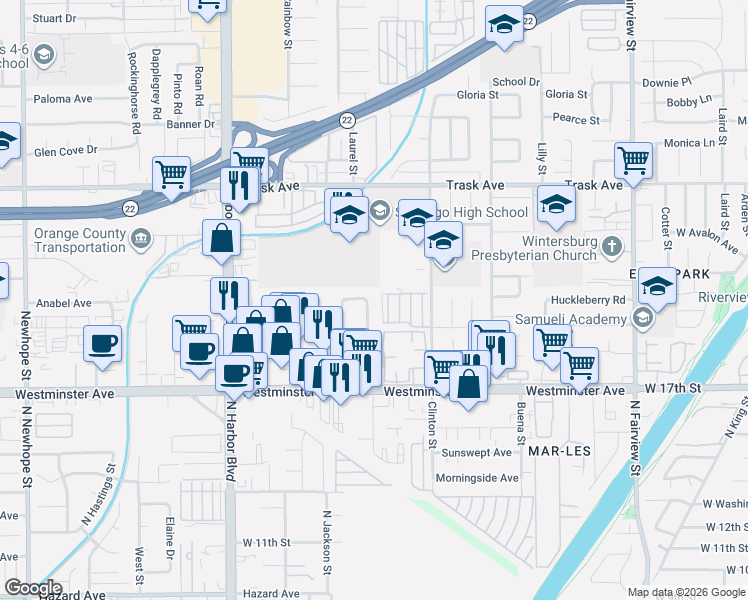 map of restaurants, bars, coffee shops, grocery stores, and more near 13782 Harper Street in Santa Ana