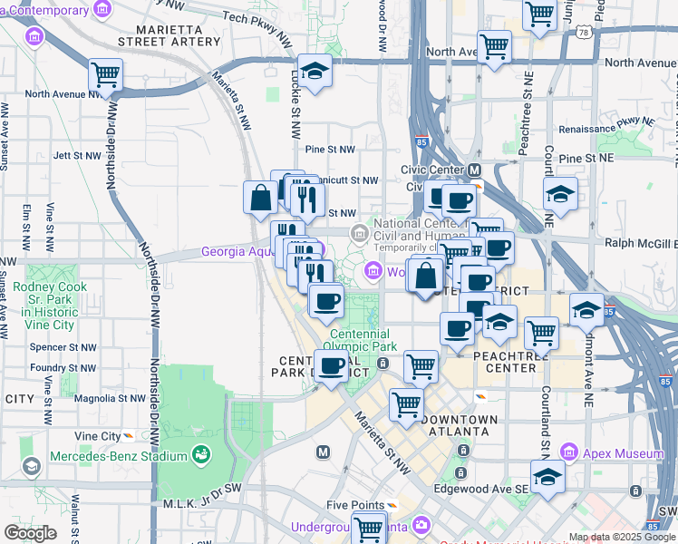 map of restaurants, bars, coffee shops, grocery stores, and more near 121 Baker Street Northwest in Atlanta
