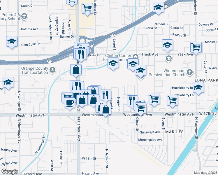 map of restaurants, bars, coffee shops, grocery stores, and more near 13781 Laurel Street in Santa Ana