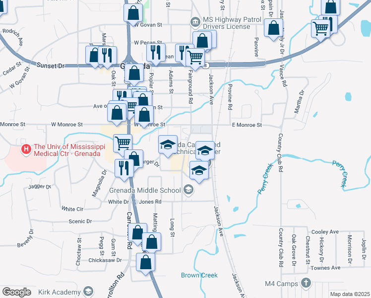 map of restaurants, bars, coffee shops, grocery stores, and more near 1875 Fairground Road in Grenada