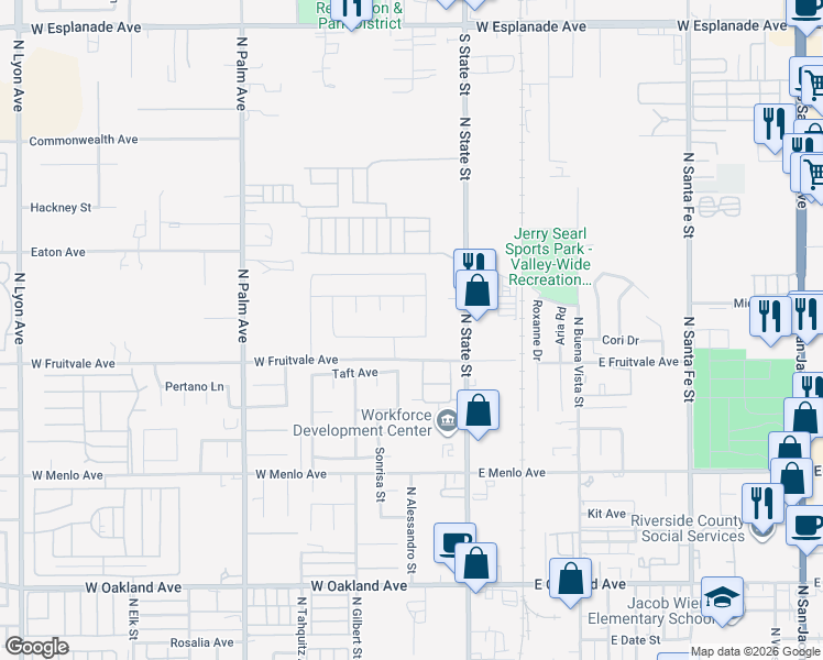 map of restaurants, bars, coffee shops, grocery stores, and more near 975 Lismore Court in Hemet