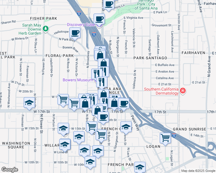 map of restaurants, bars, coffee shops, grocery stores, and more near 2012 North Bush Street in Santa Ana