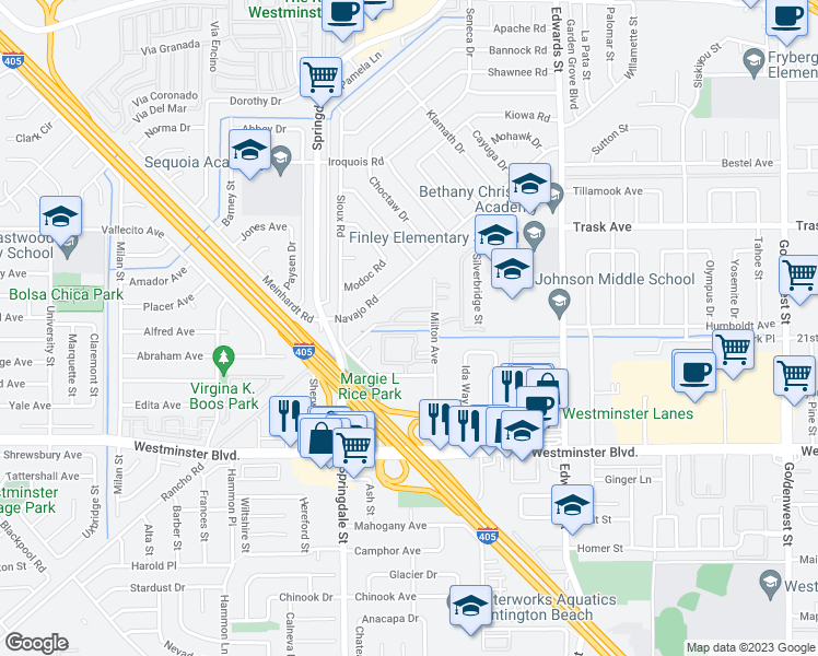 map of restaurants, bars, coffee shops, grocery stores, and more near 6164 Westbridge Avenue in Westminster