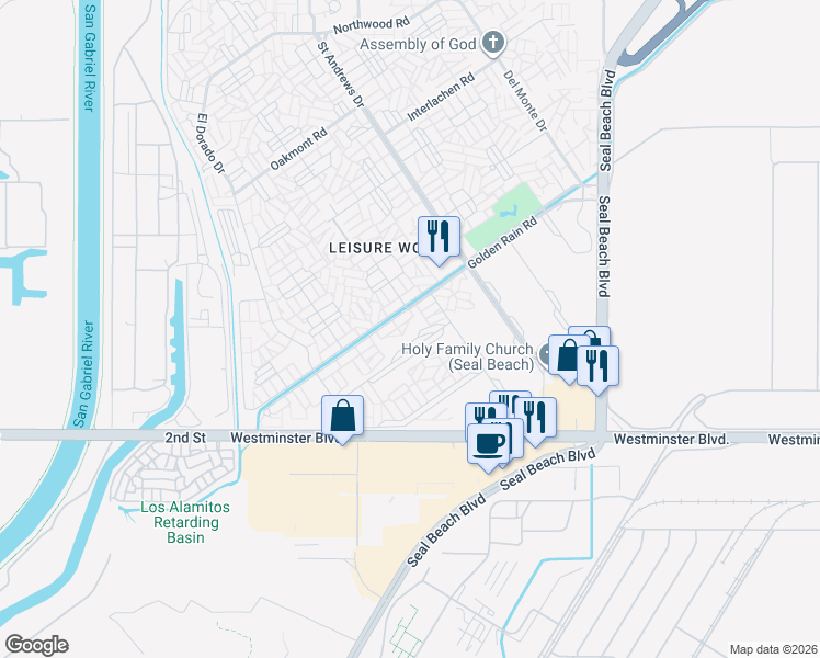 map of restaurants, bars, coffee shops, grocery stores, and more near 1543 Merion Way in Seal Beach